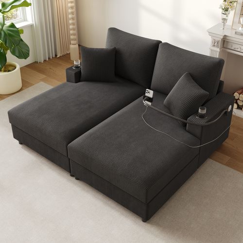 Canapé Fixe 2 Places Avec USB Et 2 Porte-gobelets Gris