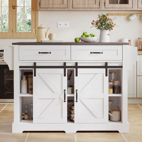 Ilot Central Ilot De Cuisine Avec 2 Portes Coulissantes Et 2 Tiroirs Blanc