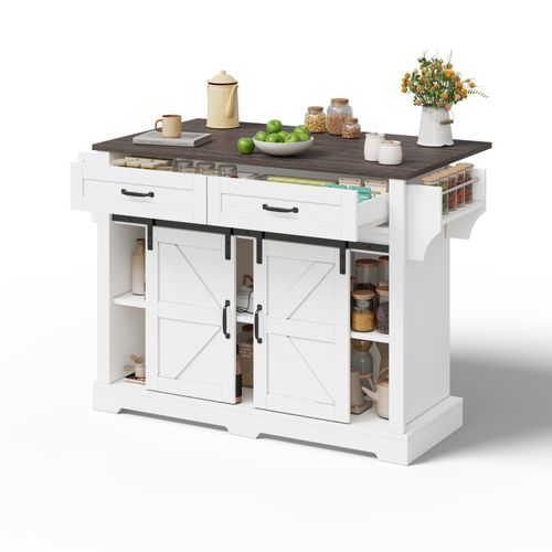 Ilot Central Ilot De Cuisine Avec 2 Portes Coulissantes Et 2 Tiroirs Blanc