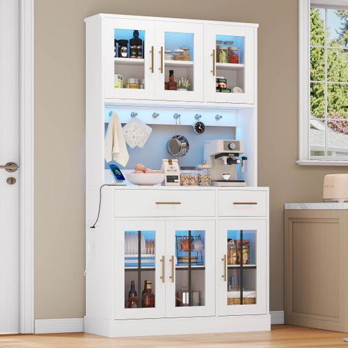 Buffet De Cuisine Avec LED, 6 Portes Et 2 Tiroirs Blanc