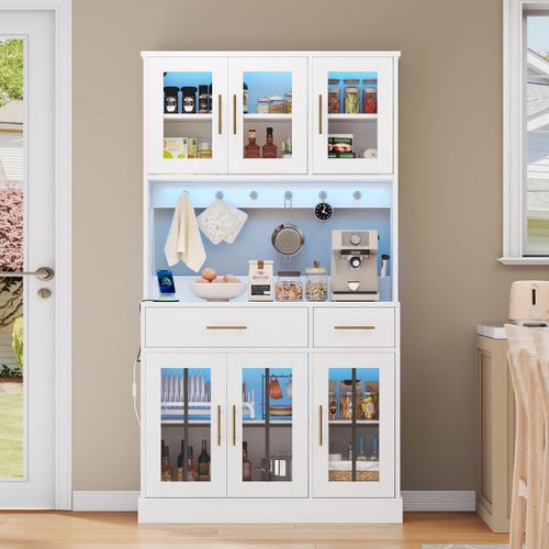 Buffet De Cuisine Avec LED, 6 Portes Et 2 Tiroirs Blanc