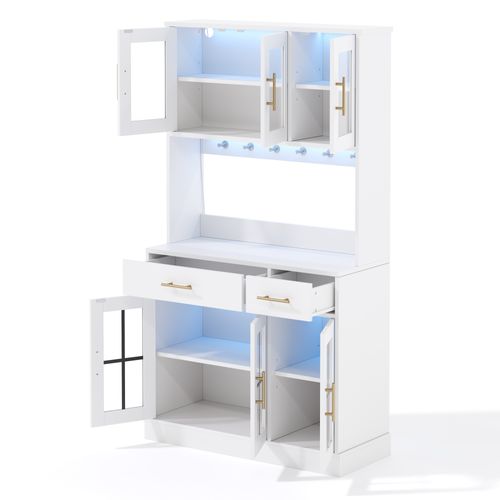 Buffet De Cuisine Avec LED, 6 Portes Et 2 Tiroirs Blanc