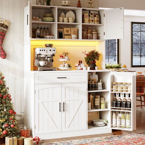 Buffet De Cuisine Avec LED, 5 Portes Et 1 Tiroir Blanc