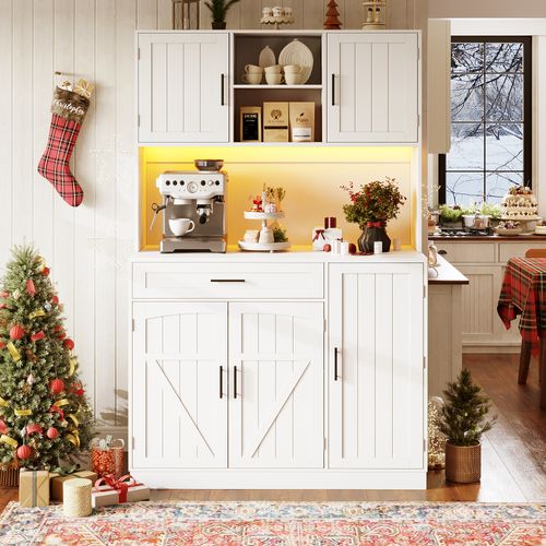 Buffet De Cuisine Avec LED, 5 Portes Et 1 Tiroir Blanc