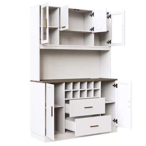 Buffet De Cuisine Avec LED, 6 Portes, 2 Tiroirs Et Cave à Vin Blanc