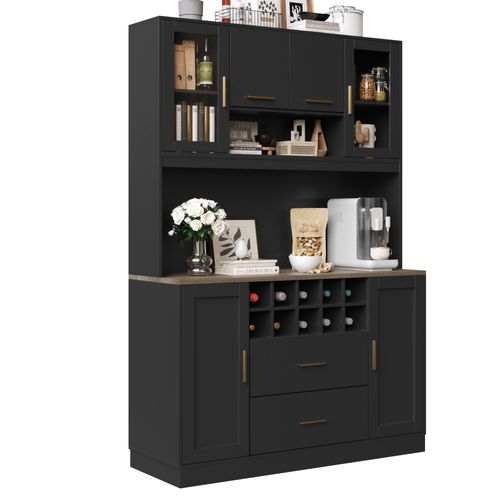 Buffet De Cuisine Avec LED, 6 Portes, 2 Tiroirs Et Cave à Vin Noir