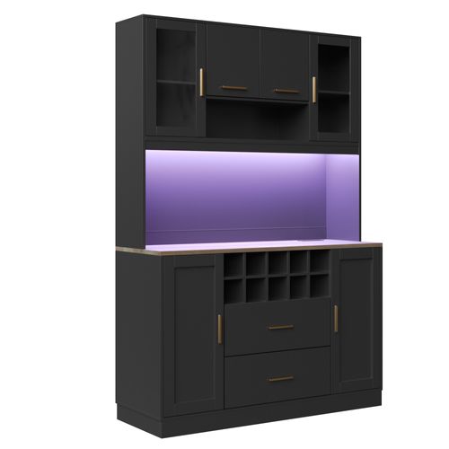 Buffet De Cuisine Avec LED, 6 Portes, 2 Tiroirs Et Cave à Vin Noir