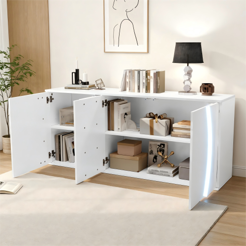 Buffet De Salon  à 3 Portes-meuble De Rangement LED-laqué Brillant-en Bois -blanc