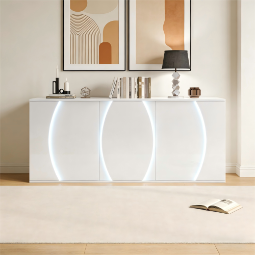 Buffet De Salon  à 3 Portes-meuble De Rangement LED-laqué Brillant-en Bois -blanc