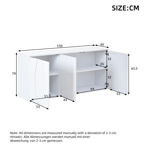 Buffet De Salon  à 3 Portes-meuble De Rangement LED-laqué Brillant-en Bois -blanc