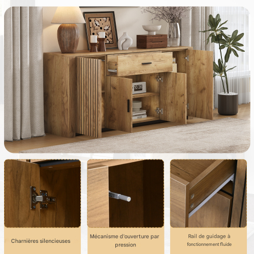Commode 160cm-buffet à 4 Portes Et 1 Tiroir-compartiments Larges Sans Poignées-bois
