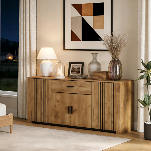 Commode 160cm-buffet à 4 Portes Et 1 Tiroir-compartiments Larges Sans Poignées-bois