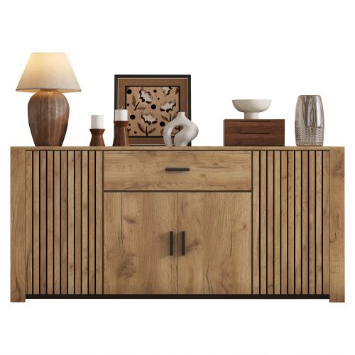 Commode 160cm-buffet à 4 Portes Et 1 Tiroir-compartiments Larges Sans Poignées-bois