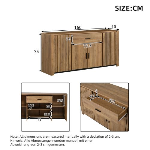 Commode 160cm-buffet à 4 Portes Et 1 Tiroir-compartiments Larges Sans Poignées-bois