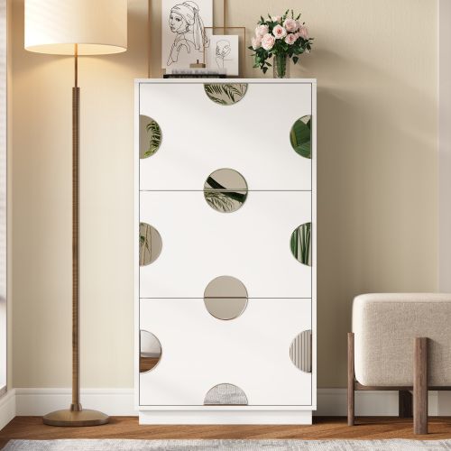 Meuble à Chaussures à 3 Portes-miroir Rond-ultra-fin (24 Cm)-meuble D'entrée-blanc