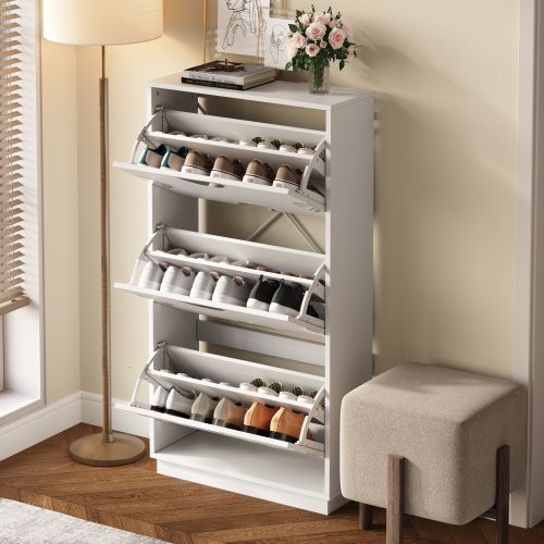 Meuble à Chaussures à 3 Portes-miroir Rond-ultra-fin (24 Cm)-meuble D'entrée-blanc