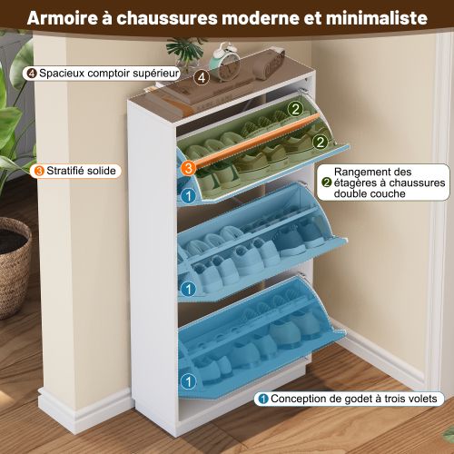 Meuble à Chaussures à 3 Portes-miroir Rond-ultra-fin (24 Cm)-meuble D'entrée-blanc