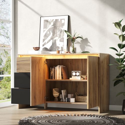 Buffet LED-meuble De Cuisine-commode à 3 Tiroirs Et 2 Portes-bois Et Noir.