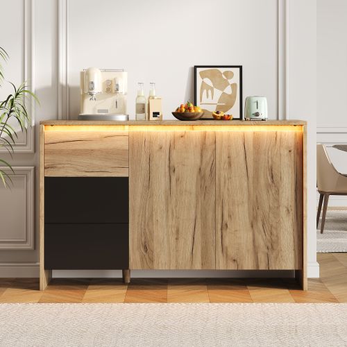 Buffet LED-meuble De Cuisine-commode à 3 Tiroirs Et 2 Portes-bois Et Noir.