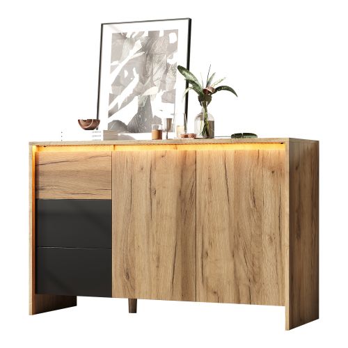 Buffet LED-meuble De Cuisine-commode à 3 Tiroirs Et 2 Portes-bois Et Noir.