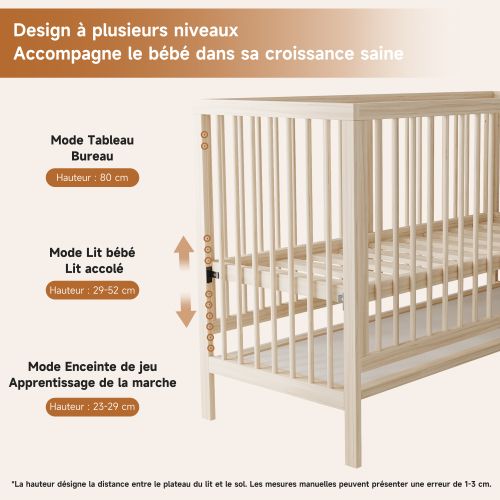 Lit Bébé 140x60 Cm - Evolutif 3 en 1 - En Bois Massif