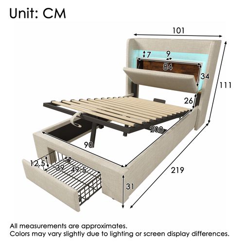 Lit Coffre 90x200 Cm Avec LED, USB, Tête De Lit Avec Rangement Et 1 Tiroir Lin Beige