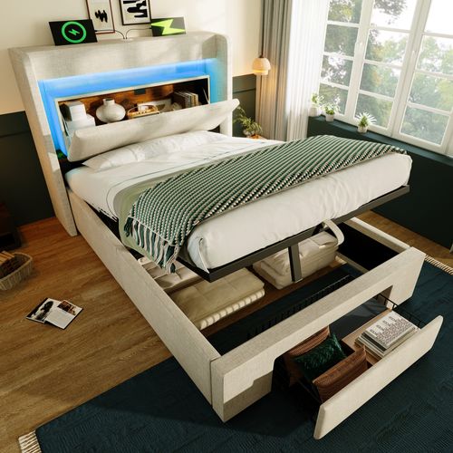 Lit Coffre 90x200 Cm Avec LED, USB, Tête De Lit Avec Rangement Et 1 Tiroir Lin Beige