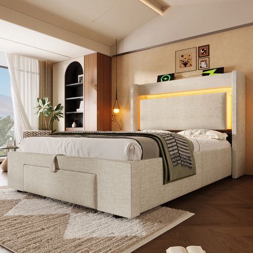 Lit Coffre 90x200 Cm Avec LED, USB, Tête De Lit Avec Rangement Et 1 Tiroir Lin Beige