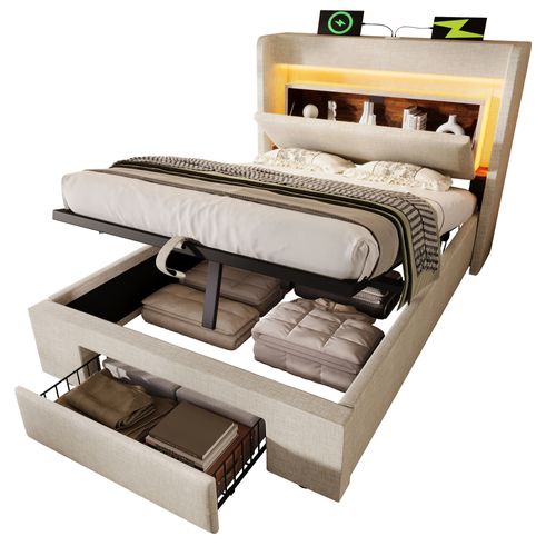 Lit Coffre 90x200 Cm Avec LED, USB, Tête De Lit Avec Rangement Et 1 Tiroir Lin Beige