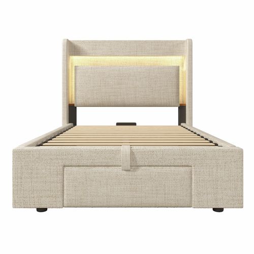 Lit Coffre 90x200 Cm Avec LED, USB, Tête De Lit Avec Rangement Et 1 Tiroir Lin Beige