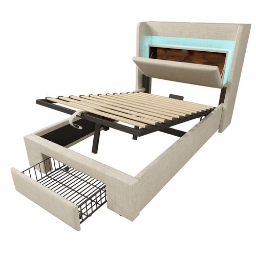 Lit Coffre 90x200 Cm Avec LED, USB, Tête De Lit Avec Rangement Et 1 Tiroir Lin Beige