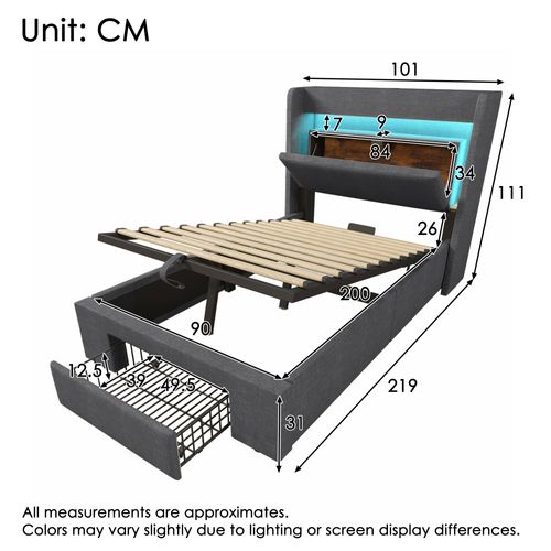 Lit Coffre 90x200 Cm Avec LED, USB, Tête De Lit Avec Rangement Et 1 Tiroir Lin Gris