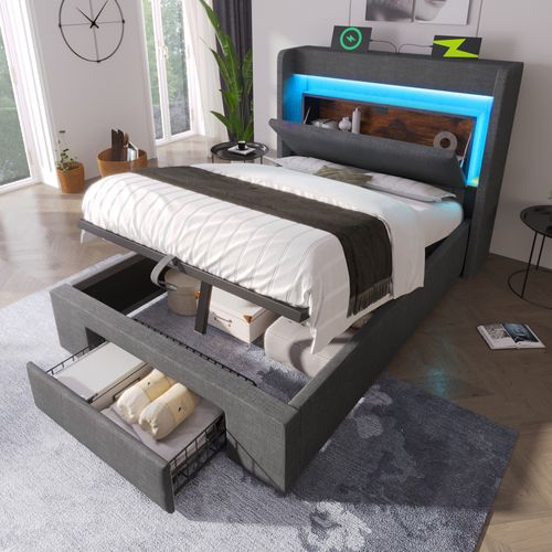 Lit Coffre 90x200 Cm Avec LED, USB, Tête De Lit Avec Rangement Et 1 Tiroir Lin Gris
