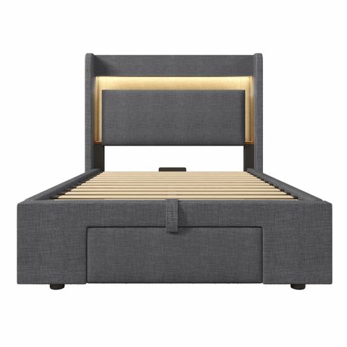 Lit Coffre 90x200 Cm Avec LED, USB, Tête De Lit Avec Rangement Et 1 Tiroir Lin Gris