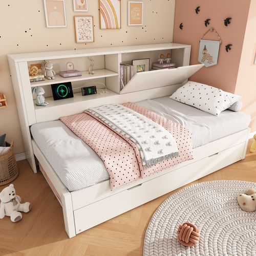 Lit Gigogne 90x190 Cm Avec USB, 1 Porte Et 2 Niches Blanc