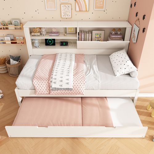 Lit Gigogne 90x190 Cm Avec USB, 1 Porte Et 2 Niches Blanc