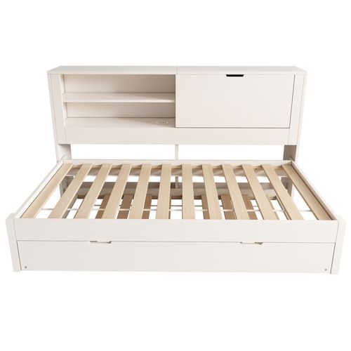 Lit Gigogne 90x190 Cm Avec USB, 1 Porte Et 2 Niches Blanc