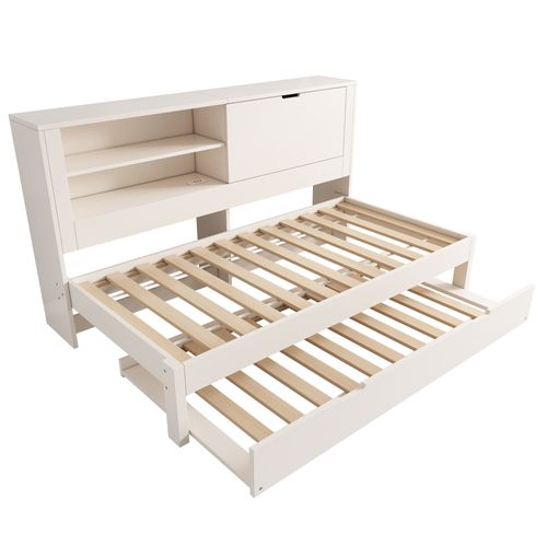 Lit Gigogne 90x190 Cm Avec USB, 1 Porte Et 2 Niches Blanc