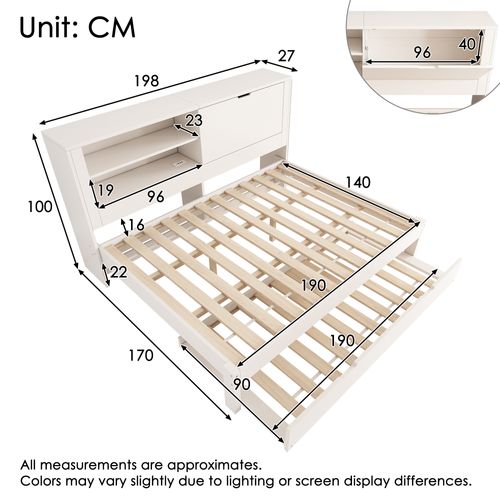 Lit Gigogne 140x190 Cm Avec USB, 1 Porte Et 2 Niches Blanc
