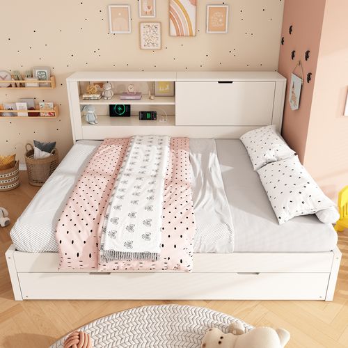 Lit Gigogne 140x190 Cm Avec USB, 1 Porte Et 2 Niches Blanc