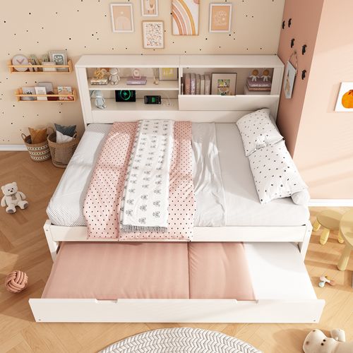 Lit Gigogne 140x190 Cm Avec USB, 1 Porte Et 2 Niches Blanc