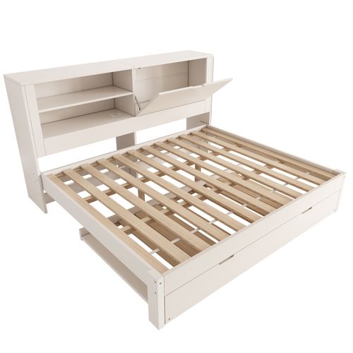Lit Gigogne 140x190 Cm Avec USB, 1 Porte Et 2 Niches Blanc