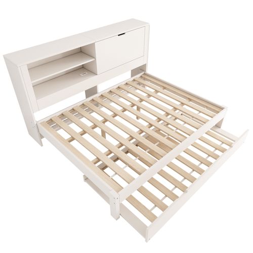 Lit Gigogne 140x190 Cm Avec USB, 1 Porte Et 2 Niches Blanc