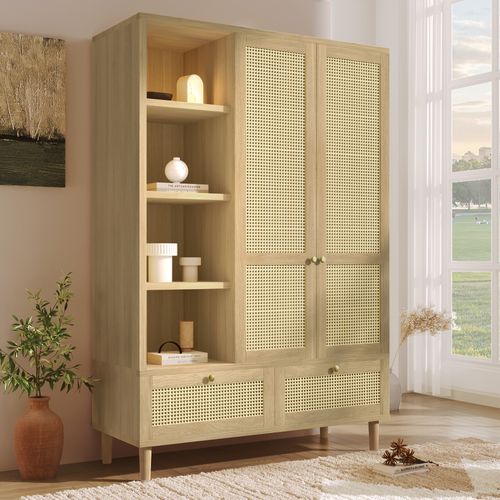 Armoire Avec 2 Portes, 2 Tiroirs Et 4 Niches En Rotin Imitation Chêne