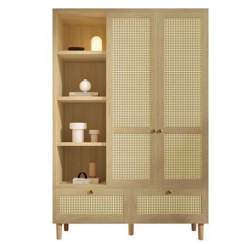Armoire Avec 2 Portes, 2 Tiroirs Et 4 Niches En Rotin Imitation Chêne