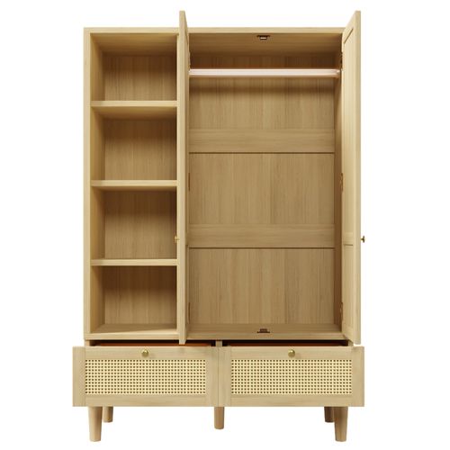 Armoire Avec 2 Portes, 2 Tiroirs Et 4 Niches En Rotin Imitation Chêne