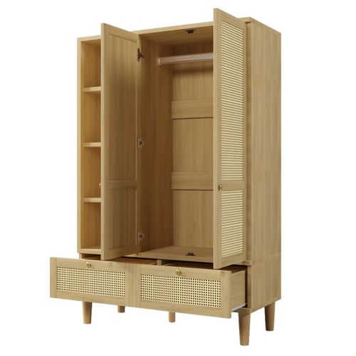 Armoire Avec 2 Portes, 2 Tiroirs Et 4 Niches En Rotin Imitation Chêne