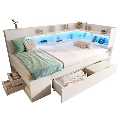 Lit 90x190 Cm Avec LED, USB, 3 Tiroirs Et Plusieurs Niches Blanc