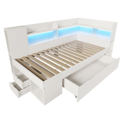 Lit 90x190 Cm Avec LED, USB, 3 Tiroirs Et Plusieurs Niches Blanc