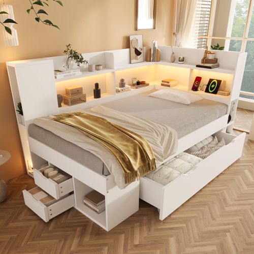 Lit 90x200 Cm Avec LED, USB, 3 Tiroirs Et Plusieurs Niches Blanc